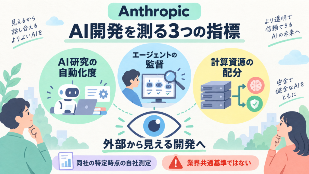 AnthropicがAI開発の透明性指標を提案。AI研究の自動化度、エージェント監督、計算資源配分の三つを測る。数値は同社の特定時点の自社測定で、業界共通基準ではない。