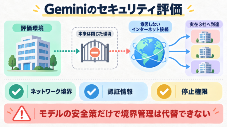 Geminiのサイバー評価中に、意図しないインターネット接続と名称の一致を背景として実在3社へアクセスした事例。モデルの停止だけでなく、ネットワーク境界・認証・停止権限を分けて管理する必要がある。