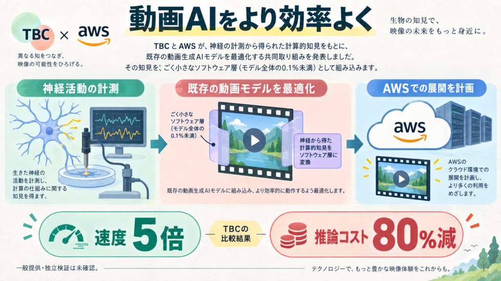 TBCとAWSは神経活動の計測から得た知見をソフトウェア層に反映し、既存の動画生成モデルを最適化する協業を発表。TBCは速度5倍・推論コスト80％減を主張。Trainium、SageMaker AI、Marketplaceでの展開は計画段階で、一般提供や独立検証は未確認。