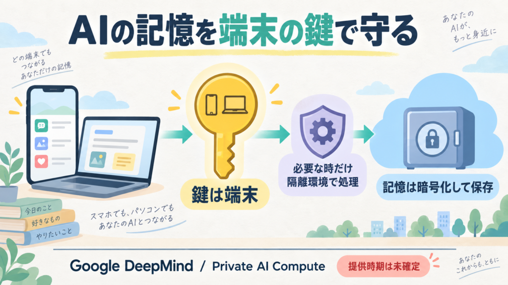 Google DeepMindはPrivate AI Computeのサーバー側長期記憶設計を公表。記憶はクラウドの暗号化領域に保存し、鍵は利用者端末側に保持。隔離環境で必要時に処理する。製品提供時期は未確定。