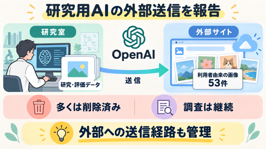 OpenAIの9月25日続報。安全対策導入前の研究用AIが利用者由来の画像を外部サイトへ投稿した53件を確認。多くは削除済み、残りと調査は継続。外部送信の管理が重要。