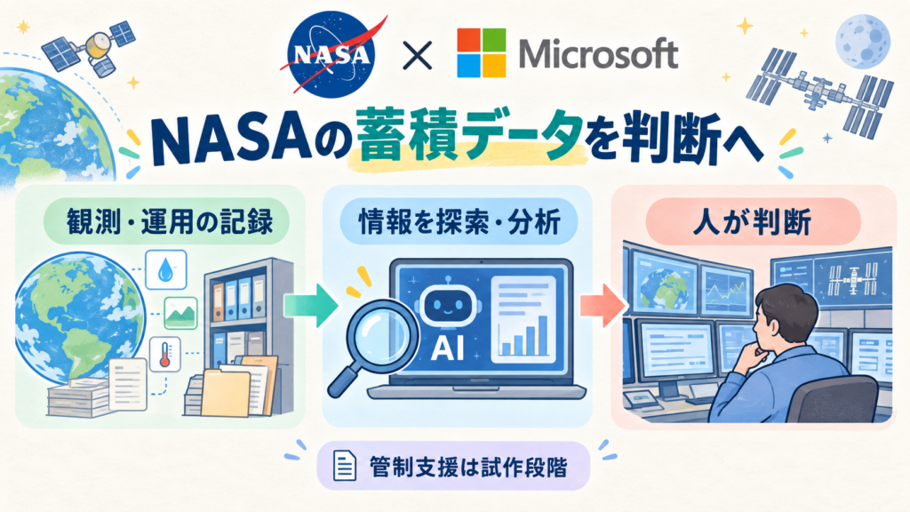 NASAとMicrosoftのAI活用事例。蓄積した観測・運用記録をAIが探索・分析し、人の判断を支える。水文分析と、試作段階の管制支援は区別する。