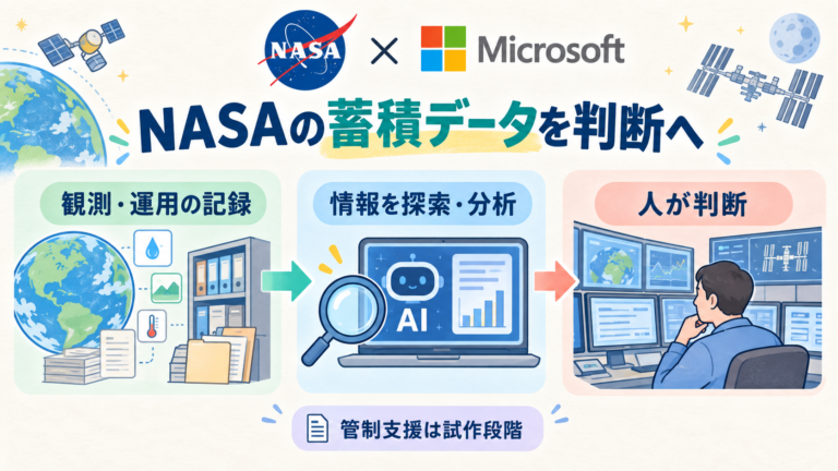 NASAとMicrosoftのAI活用事例。蓄積した観測・運用記録をAIが探索・分析し、人の判断を支える。水文分析と、試作段階の管制支援は区別する。