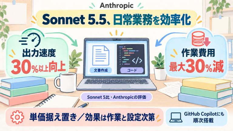 AnthropicがClaude Sonnet 5.5を発表。Sonnet 5比で出力30％以上高速、作業費用は最大30％減と同社が説明。単価は同じで効率改善が中心。GitHub Copilotにも順次搭載。
