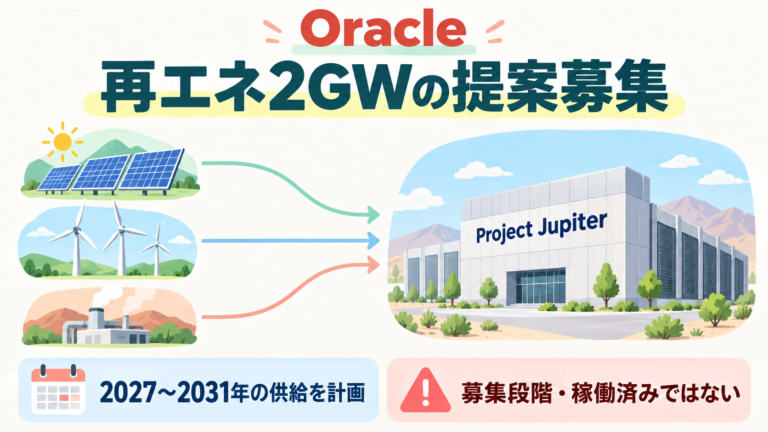 Oracleが再エネ2GWの開発提案を募集。太陽光・風力・地熱からProject Jupiterへ。供給は2027〜2031年の計画、稼働済みではない。