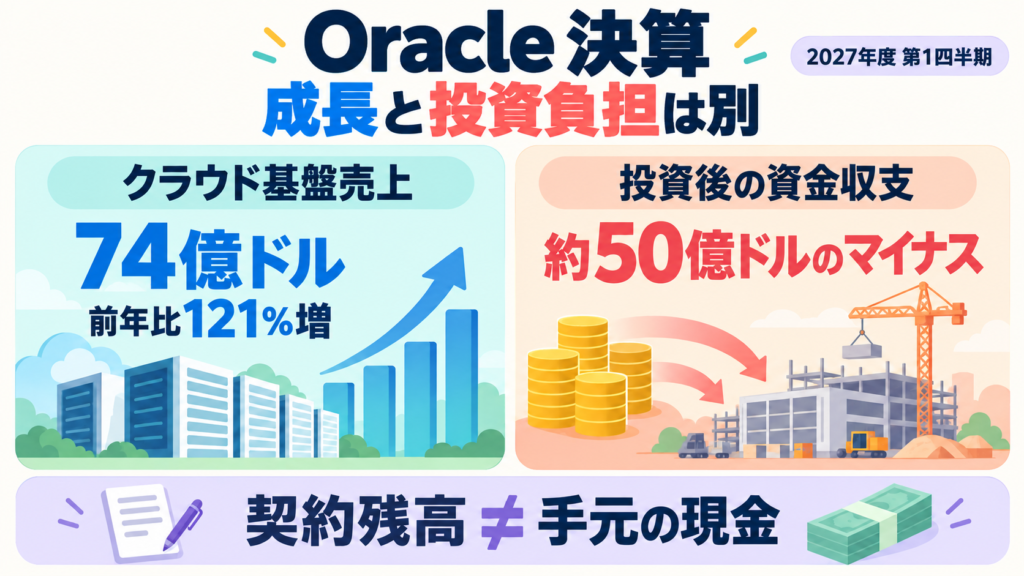 Oracleの2027年度Q1決算。クラウド基盤売上74億ドル・前年比121％増。一方で投資後のフリーキャッシュフローは約50億ドルのマイナス。契約残高は現金ではない。