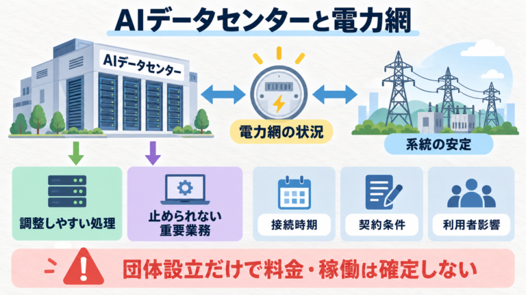 NVIDIA、Google、Emerald AIがAI Energy Management Allianceを発足。電力網の状況に応じてAIデータセンターの消費電力を調整する構想。柔軟に動かせる処理と重要業務を分け、接続・契約・影響を確認する必要がある。