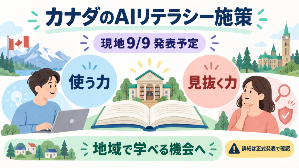 カナダ政府が全国AIリテラシー施策の発表を予告。現地9/9予定。使う力と見抜く力、地域で学ぶ機会を示す。詳細条件は正式発表で確認、予告段階と明示。