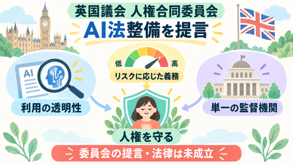 英国議会の人権合同委員会がAI法整備を提言。AI利用の透明性、リスクに応じた義務、単一監督機関が論点。人権保護が目的で、法律は未成立。