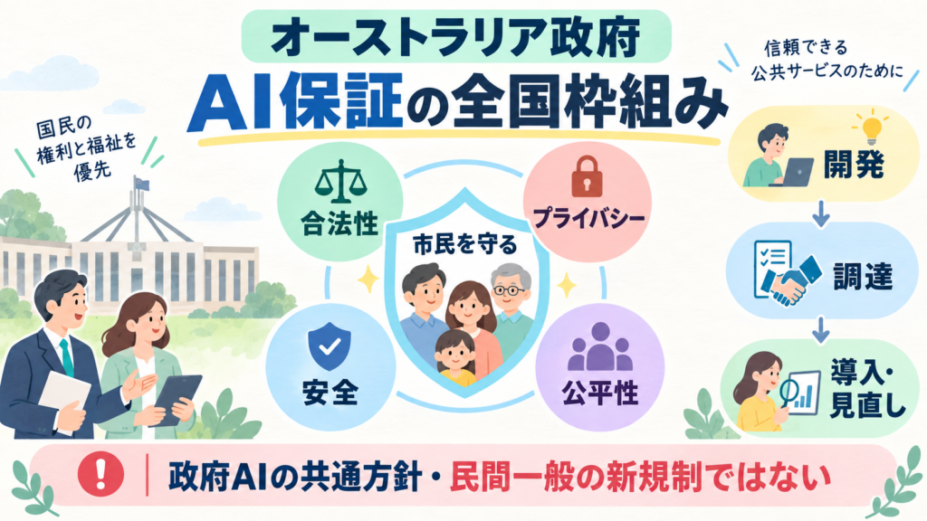 オーストラリアが政府AIの全国保証枠組みに合意。開発・調達・導入で、合法性、プライバシー、安全、偏りと公平性を確認。民間一般への新規制ではない。