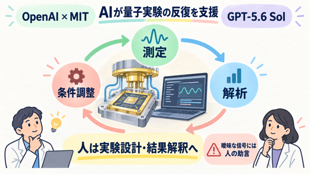 OpenAI GPT-5.6 SolとMIT。測定→解析→条件調整の循環をAIが支援。中央は量子チップ。人は実験設計と結果解釈、雑音がある結果には人の助言が必要。