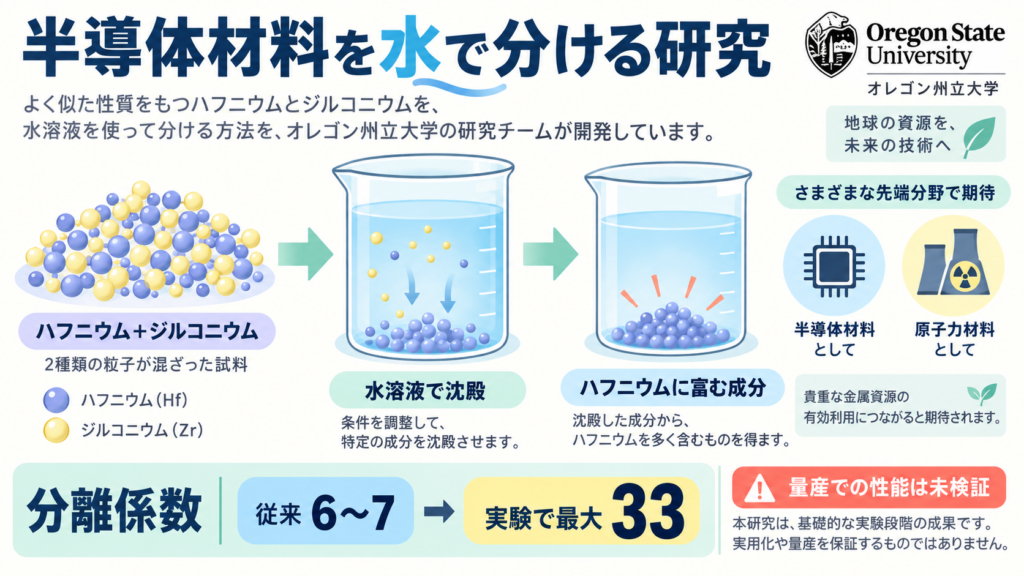 オレゴン州立大学は、水溶液からハフニウムに富む成分を沈殿させてジルコニウムと分ける研究を発表。実験の分離係数は従来6～7に対し最大33。量産適用は未検証。