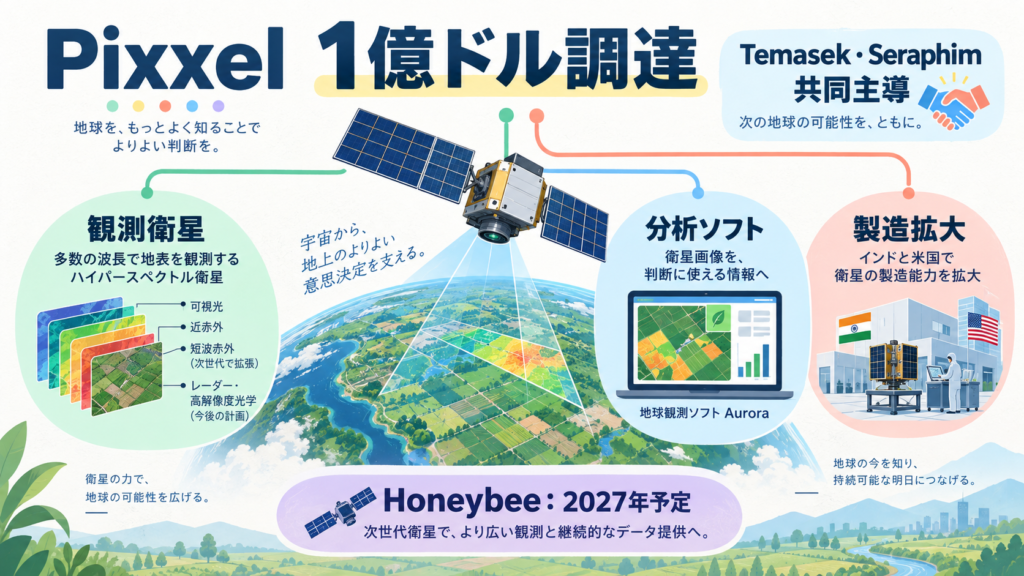 PixxelのシリーズC 1億ドル調達から、観測衛星・分析ソフト・製造拡大へ資金が向かう関係図。TemasekとSeraphimは共同主導。Honeybeeは2027年予定。