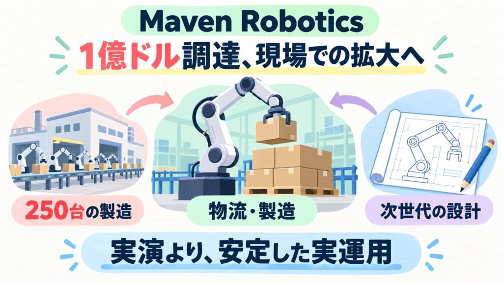 Maven Roboticsが9/10にシリーズA1億ドルを発表。物流・製造の積み付けや容器扱い。資金は250台製造と次世代設計へ。実運用の安定性が重要。