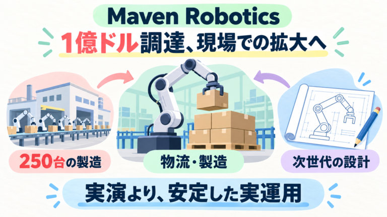 Maven Roboticsが9/10にシリーズA1億ドルを発表。物流・製造の積み付けや容器扱い。資金は250台製造と次世代設計へ。実運用の安定性が重要。