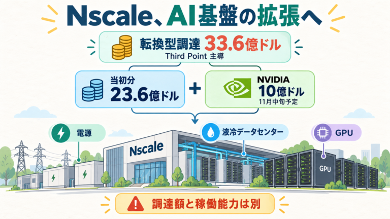 Nscaleの33.6億ドル転換型調達。Third Point主導。当初23.6億ドルとNVIDIAの追加10億ドル（11月中旬予定）で構成。電源・データセンター・GPU拡張を目指す。