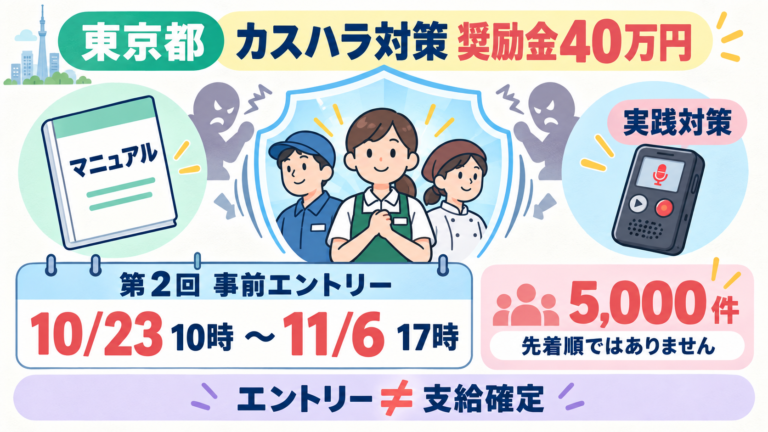 東京都のカスハラ防止対策奨励金40万円。第2回の事前エントリーは10/23 10時〜11/6 17時、5,000件、先着順ではない。マニュアルと実践対策を準備、エントリーと支給確定は別。