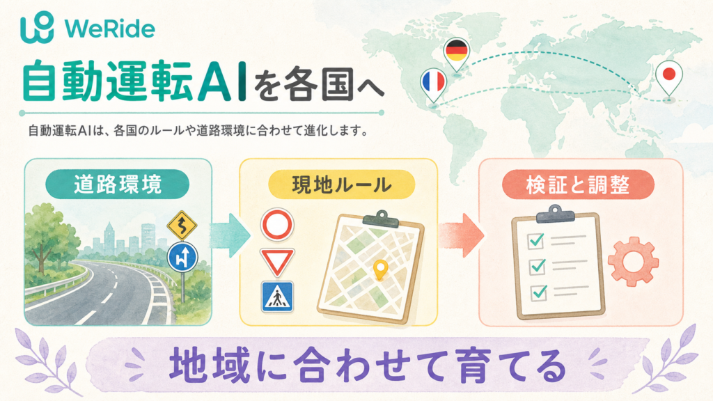 WeRideの道路環境、現地ルール、検証と調整を示す図解