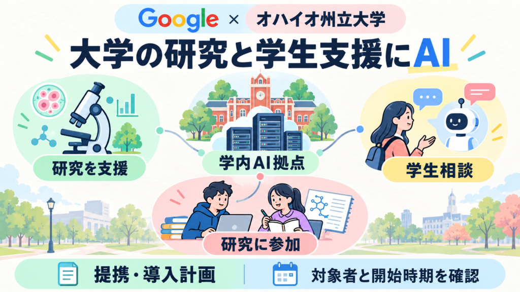 Googleとオハイオ州立大学が提携。学内AI拠点を軸に、研究用モデル・計算環境、学生相談、学生の研究参加を整備する計画。対象者と開始時期は個別に確認。
