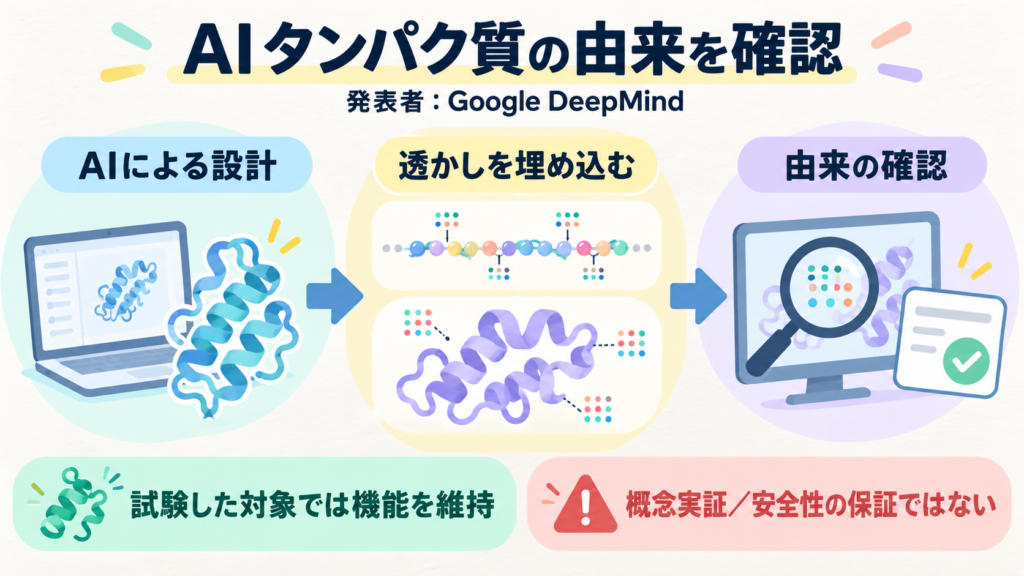 SynthID BioはAI生成タンパク質の配列・立体構造に透かしを埋め込む概念実証。試験した対象で機能を保ち、由来の確認を支える。改変への耐性は課題。