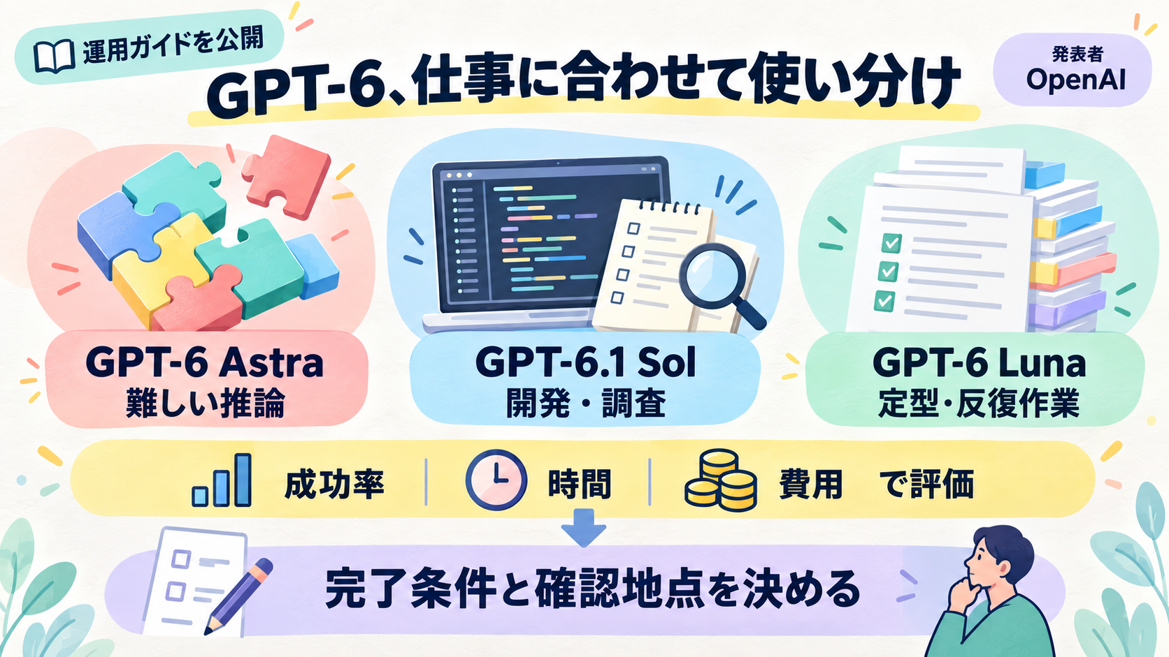 OpenAIがGPT-6運用ガイドを公開。Astraは難しい推論、Solは複雑な開発・調査、Lunaは定型の反復作業。完了条件と確認地点を決め、成功率・時間・費用で評価する。新モデル同時発売のニュースではない。