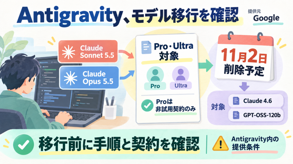Google AntigravityではClaude Sonnet 5.5・Opus 5.5がPro・Ultra向け。Proは非試用契約のみ。旧Claude 4.6とGPT-OSS-120bは11月2日削除予定。Claude全体の終了ではない。