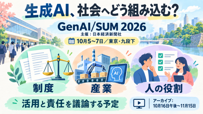 日本経済新聞社主催GenAI/SUM 2026は10月5〜7日の開催日程。制度・産業・人の役割を議論予定。結果や新制度の決定は未確認。アーカイブは10月16日午後〜11月15日、無料登録枠あり。