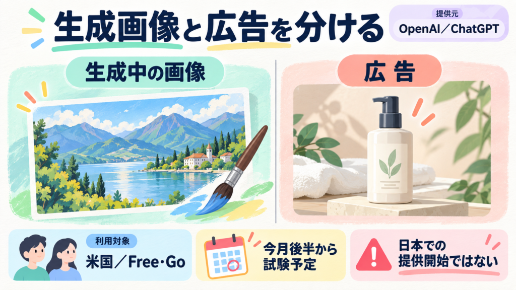 OpenAIはChatGPTの画像付き新広告を発表。米国のFree・Go利用者の画像生成中に、今月後半から試験予定。広告は明示し、生成画像とは別に表示する方針。日本提供の発表ではない。