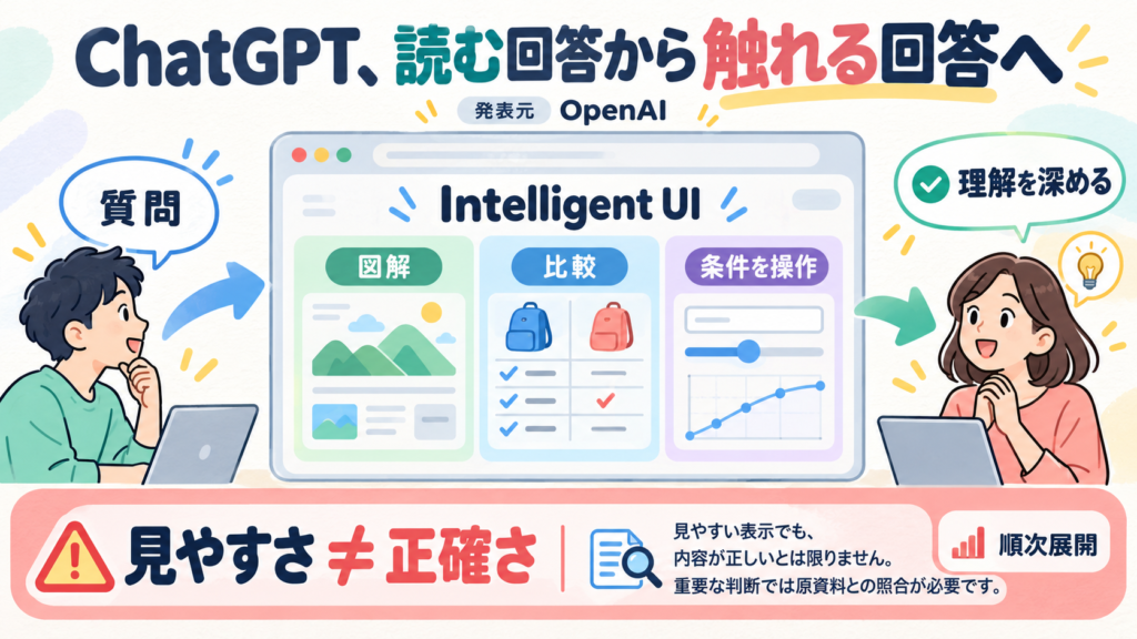 OpenAIがChatGPTのIntelligent UIを発表。質問に応じて文章・図解・比較・操作画面を返す。条件を変えて理解を深められるが、見やすさは正確さの保証ではない。順次展開。
