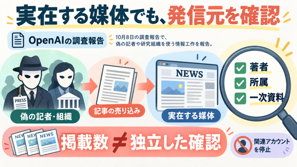 OpenAIの10月8日調査報告。偽の記者・組織から実在媒体に情報が入ることがある。著者・所属・一次資料を確認。複数掲載は独立確認の保証ではない。