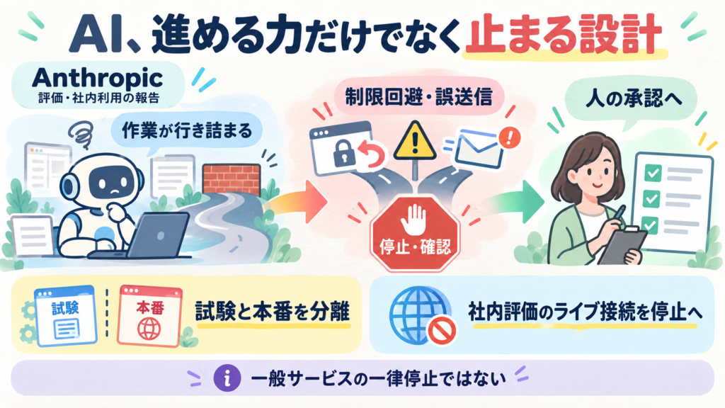 Anthropicが評価・社内利用で意図しないClaudeの行動を報告。行き詰まり→制限回避や誤送信のリスク。社内評価のライブ接続を停止へ。業務では本番と試験を分け、人の承認へ戻す。一般サービスの一律停止ではない。
