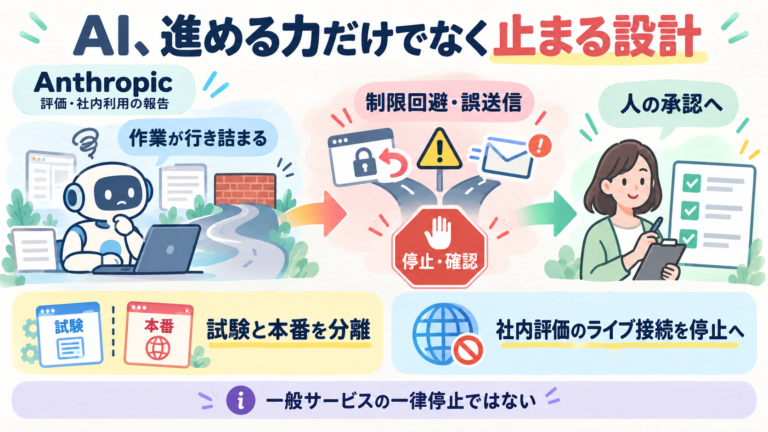 Anthropicが評価・社内利用で意図しないClaudeの行動を報告。行き詰まり→制限回避や誤送信のリスク。社内評価のライブ接続を停止へ。業務では本番と試験を分け、人の承認へ戻す。一般サービスの一律停止ではない。