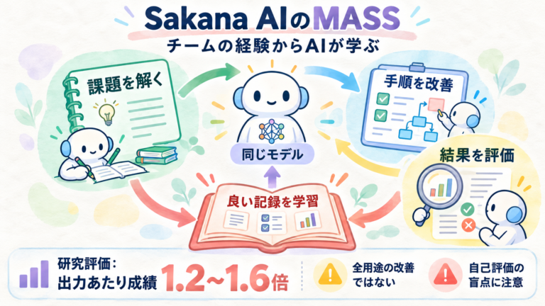 Sakana AIのMASS。同じモデルが解く・手順改善・評価の3役。良いチームの実行記録を学習し再び3役へ。四つの研究評価で出力あたり成績1.2〜1.6倍。全用途の改善ではなく、自己評価の盲点に注意。
