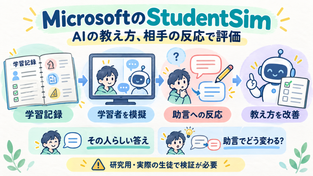 Microsoftの研究StudentSim。個人を特定できない学習記録→学習者を模擬→助言への反応を評価→AI家庭教師の改善。学習者らしい答えと助言への反応を区別。研究用で、実際の生徒での検証は必要。