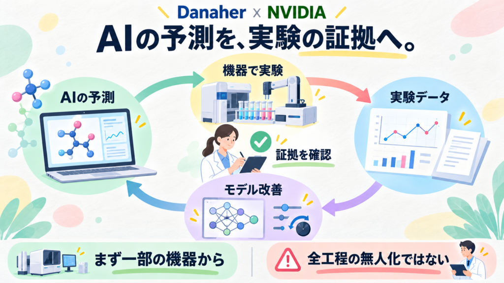 DanaherとNVIDIAの連携。AI予測→研究機器で実験→実験データ→モデル改善の循環。まず一部機器、全工程の無人化ではない。