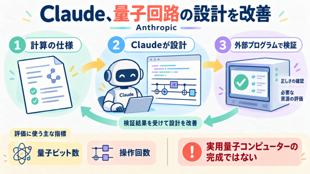 AnthropicのClaude量子回路研究。仕様→Claudeの設計→外部プログラムで正しさと資源を評価→設計改善。量子実機の完成や暗号解読ではない。