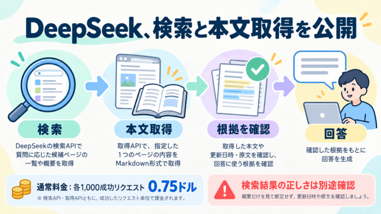 DeepSeek検索APIで候補を探す→取得APIで本文を読む→根拠を確認して回答。通常料金は検索・取得それぞれ1000成功リクエスト0.75ドル。誤情報ゼロ・常時無料ではない。