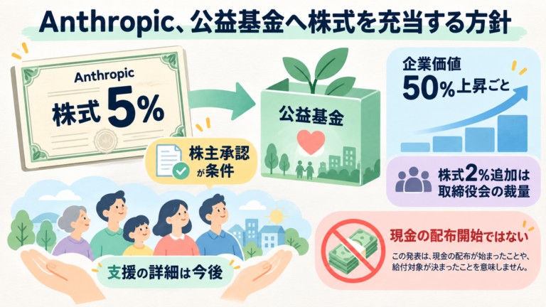 Anthropicが公益基金へ株式5％を充てる方針、株主承認が条件。価値50％上昇ごと株式2％追加は取締役会の裁量。現金配布開始ではなく詳細は今後。