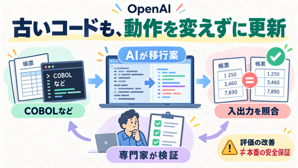 OpenAIが20言語の評価MultiLangBenchを公開。COBOLなどの移行では元の動作と出力を維持する必要。AIで移行案→入出力照合→人が確認。評価改善は本番安全保証ではない。