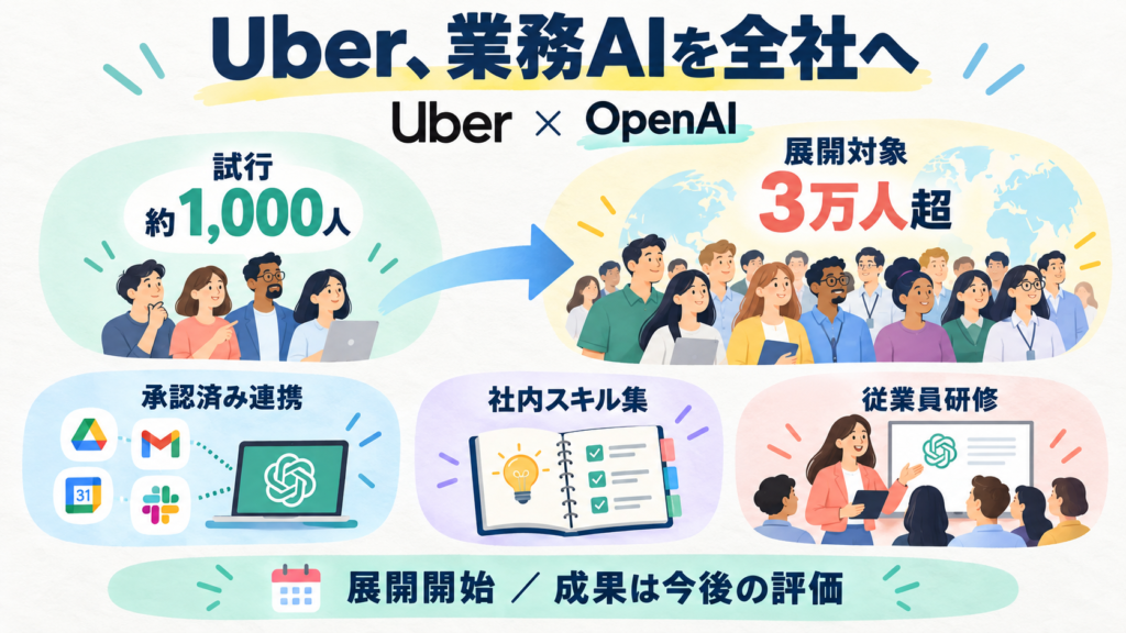 UberとOpenAIがChatGPT Work全社展開。試行約1,000人から対象3万人超へ。承認済み連携・社内スキル・研修で支援。全員利用済みや効果実証ではない。