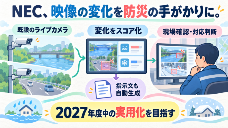 NECが既設ライブカメラの映像をVLMでスコア化し、現場の確認・対応判断を支援するAIを開発。現場に合う指示文も自動生成。2027年度中の実用化目標。