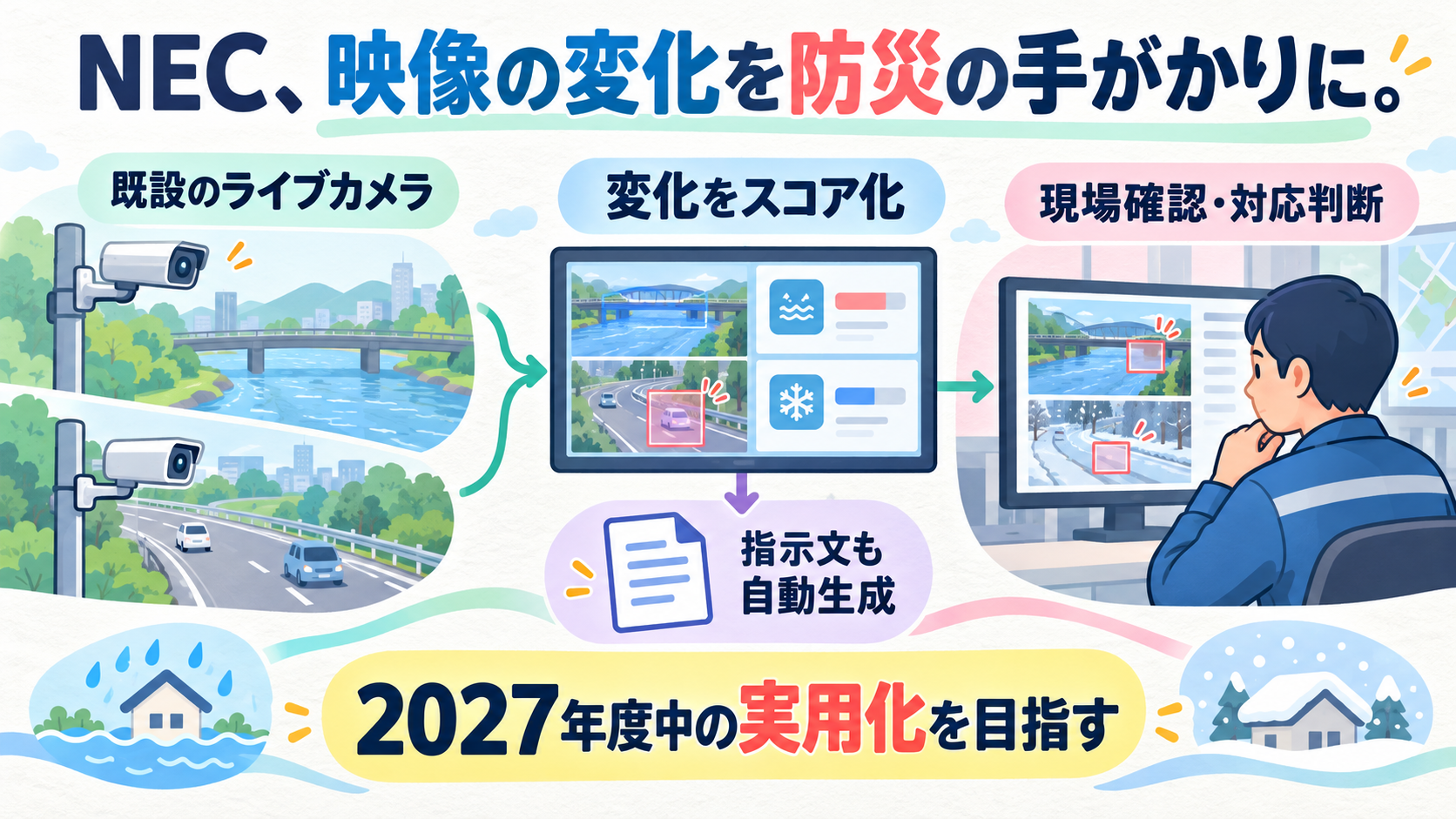 NECが既設ライブカメラの映像をVLMでスコア化し、現場の確認・対応判断を支援するAIを開発。現場に合う指示文も自動生成。2027年度中の実用化目標。