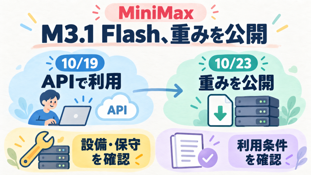 MiniMaxのM3.1 Flashは10月19日のAPI提供に続き23日に重みを公開。自社運用の判断には設備・保守と利用条件の確認が必要。