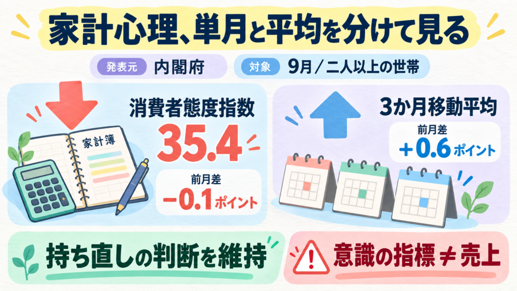 内閣府の9月消費動向調査。二人以上の世帯の消費者態度指数は35.4、前月差マイナス0.1ポイント。3か月移動平均はプラス0.6ポイント、基調判断は持ち直しを維持。意識の指標で売上ではない。