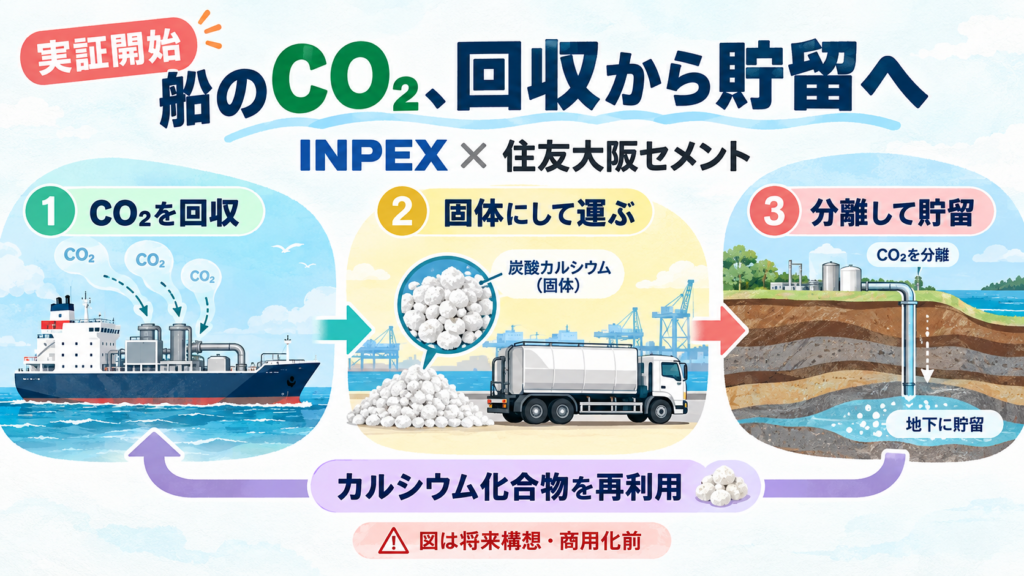 INPEXと住友大阪セメントがCO₂回収の実証開始。将来構想は船舶等のCO₂→炭酸カルシウムとして運搬→分離して地下貯留、カルシウム化合物は回収側へ循環。船上商用化済みではない。