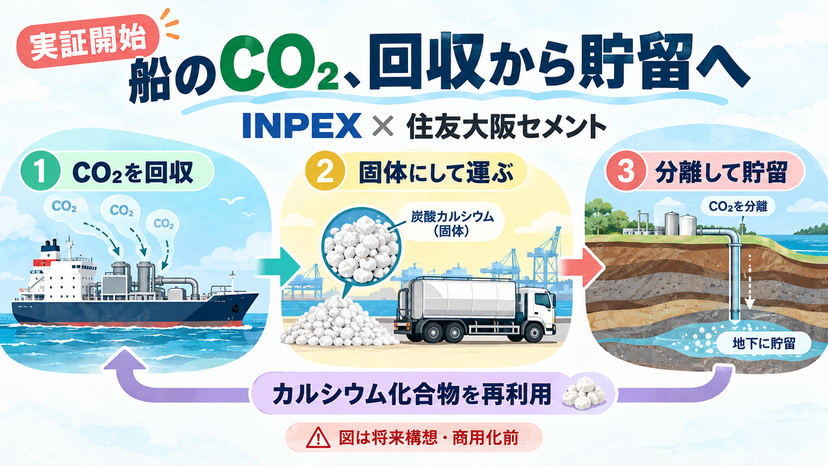 INPEXと住友大阪セメントがCO₂回収の実証開始。将来構想は船舶等のCO₂→炭酸カルシウムとして運搬→分離して地下貯留、カルシウム化合物は回収側へ循環。船上商用化済みではない。