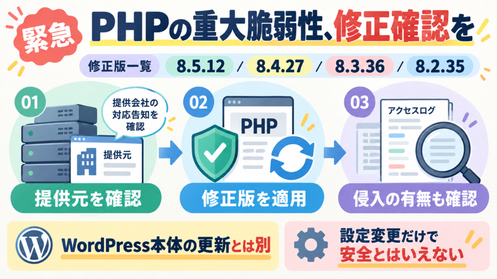 PHP重大脆弱性2件の修正版公開。8.5.12／8.4.27／8.3.36／8.2.35。WordPress本体更新とは別にサーバーPHPの修正確認。提供元確認→修正版適用→侵入の有無確認。設定変更だけで安全とはいえない。