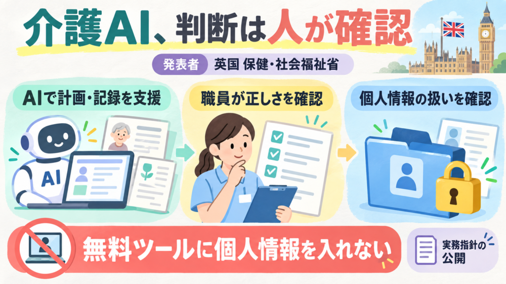 英国の保健・社会福祉省が介護AIの実務指針を公開。ケア計画などの作成をAIで支援しても、職員が正しさを確認。無料オンラインツールへの個人を識別できる情報の入力を避ける。新法や安全性認定ではない。