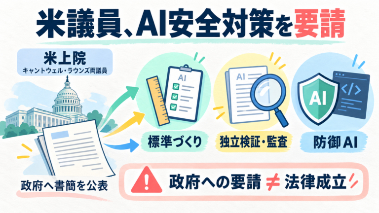 米上院のキャントウェル、ラウンズ両議員が政府へ要請。標準づくり、独立検証と監査、防御AIの3本柱。書簡であり法律成立ではない。