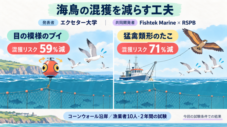 英国コーンウォール沿岸で海鳥の混獲対策を試験。目の模様のブイでリスク59%減、猛禽類形のたこで71%減。漁業者10人と2年間の試験で得た結果。